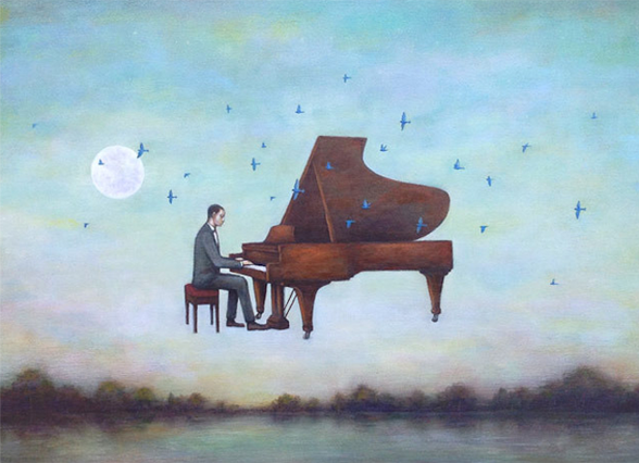 호수위에서 피이노 치는 남자